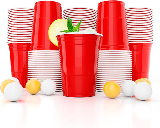 Red Cups, 100 Partybecher + 10 Bälle, Plastikbecher Wiederverwendbar 473ml