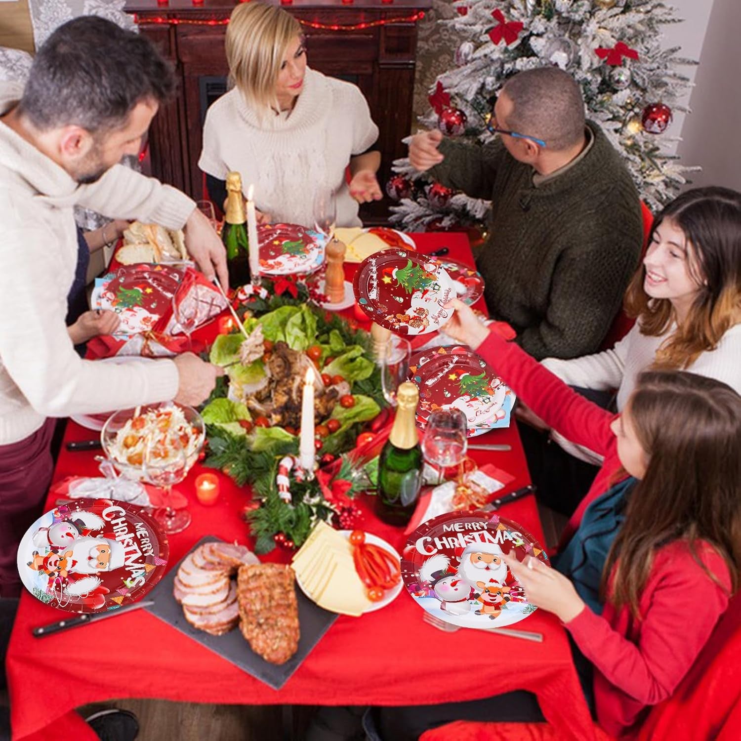 60 Stück Weihnachten Partygeschirr Set, Pappteller, Wiederverwendbares Besteck Set Mit Papierteller, Servietten, Strohhalme, Pappbecher für 10 Gäste