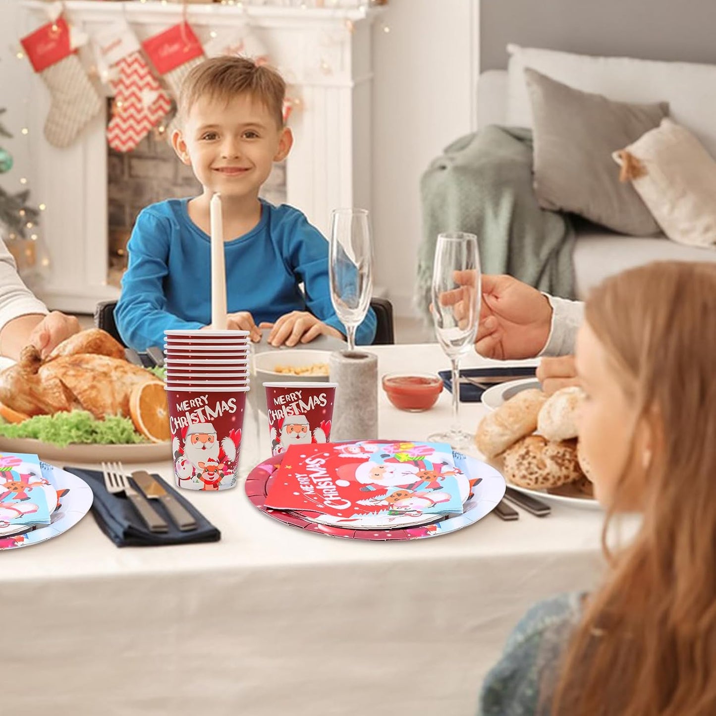 60 Stück Weihnachten Partygeschirr Set, Pappteller, Wiederverwendbares Besteck Set Mit Papierteller, Servietten, Strohhalme, Pappbecher für 10 Gäste