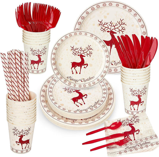 200 Stück Weihnachtspapier Partygeschirr, 25x Speiseteller Und Salatteller, 25x270ml Tassen, 25x Servietten, 25x Wiederverwendbare Messer, Gabel, Löffel Und Strohhalme